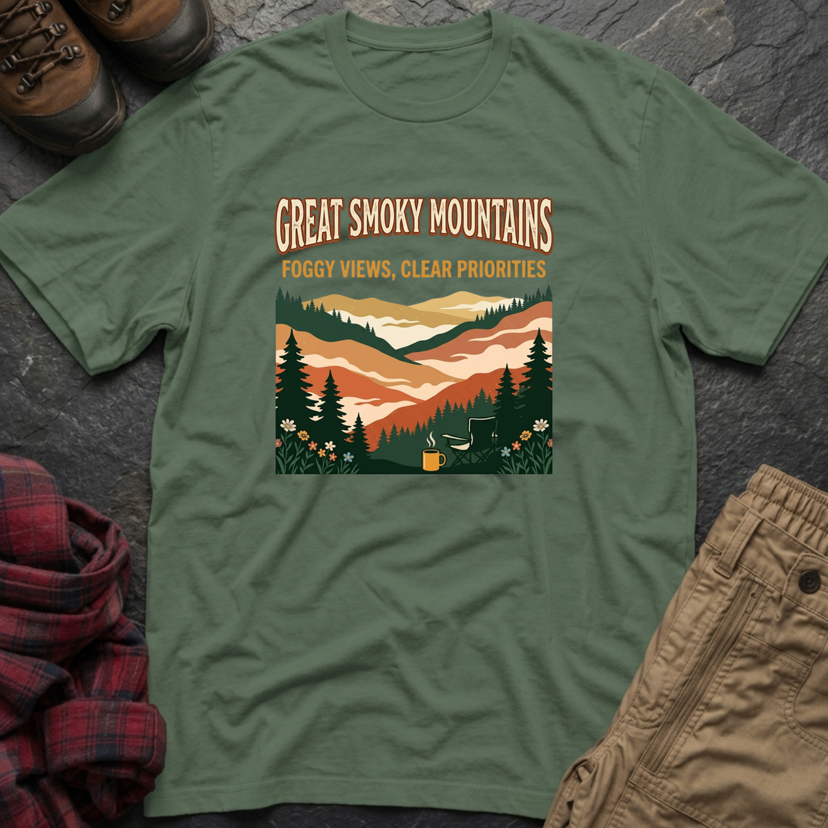 Great Smoky Mountains Foggy Views Clear Priorities T-Shirt