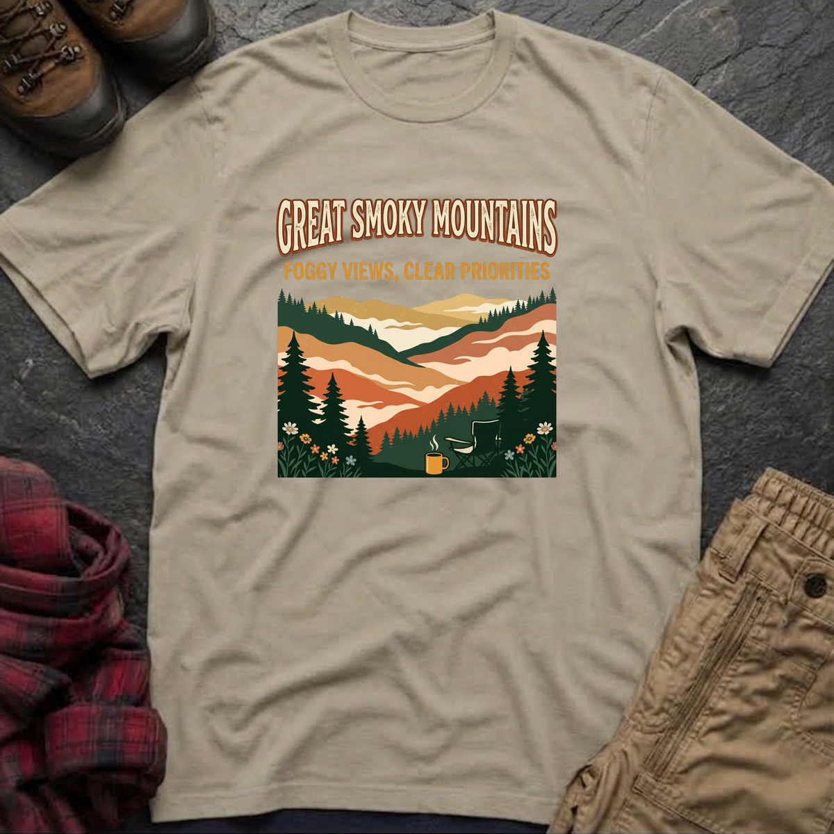 Great Smoky Mountains Foggy Views Clear Priorities T-Shirt