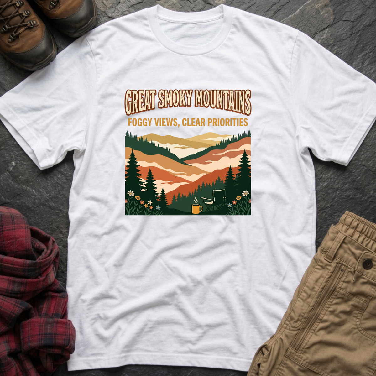 Great Smoky Mountains Foggy Views Clear Priorities T-Shirt
